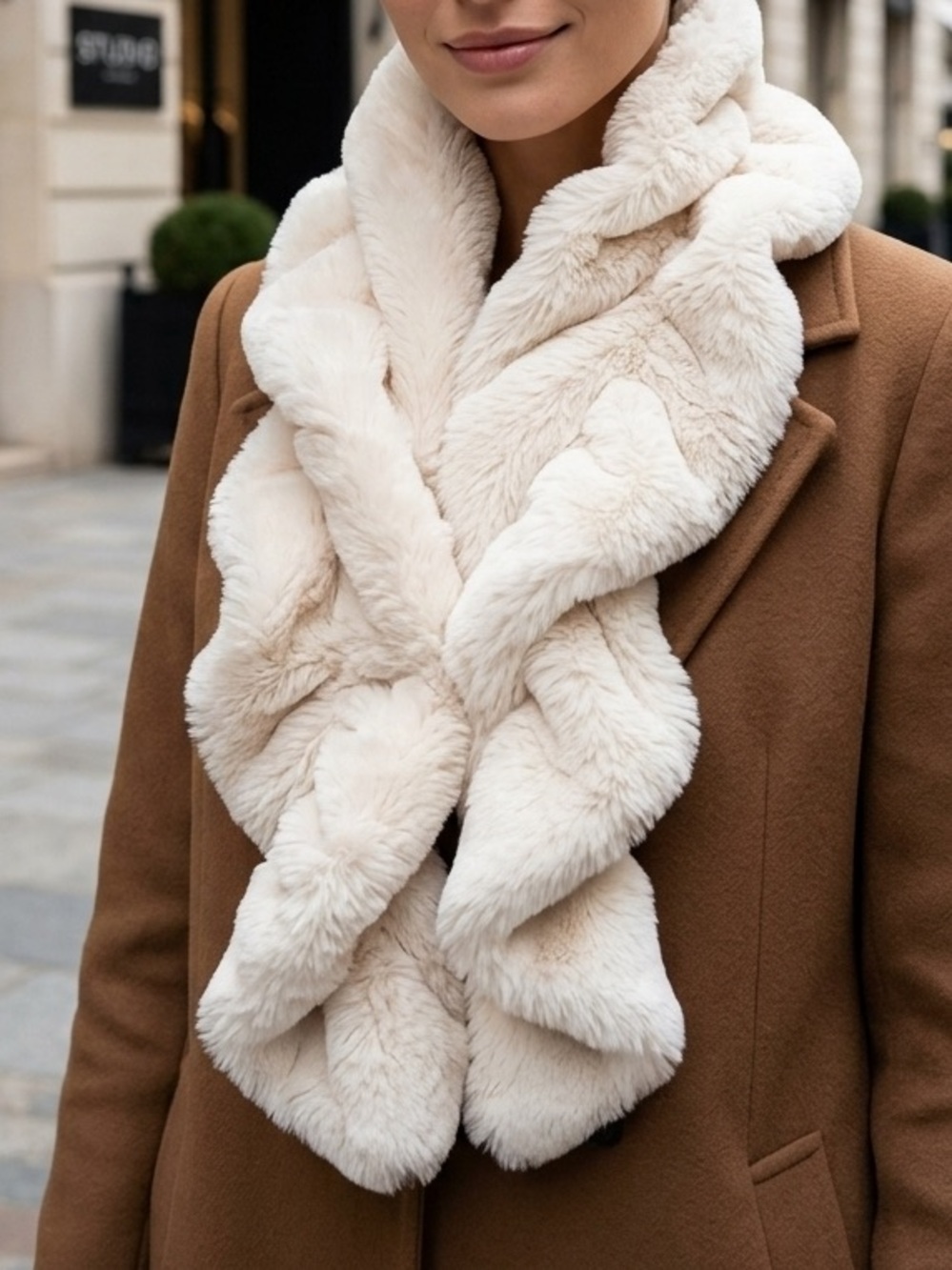 Luxury Faux Fur Ruffle Scarf - Ultra-Soft Cream White Wave Muffler Winter Wrap